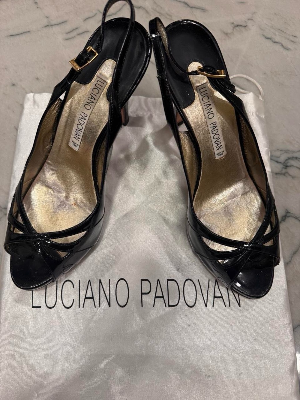Black Patent Slingback Heels with Gold Accent